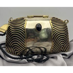 Vintage Oval Bag Golden Black Brass Onyx Stone Small Strap Black Nylon